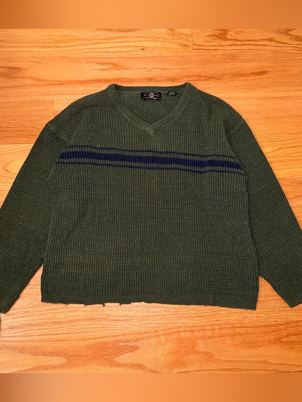 American Eagle Outfitters Green V-Neck Knit Sweater with Blue Stripe